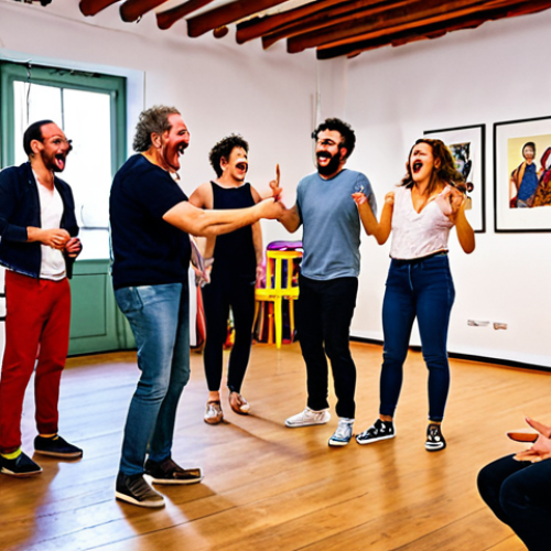 Home 24 ** A vibrant, chaotic improvisation workshop in Madrid. Actors are laughing, gesturing wildly, and collaborating on a scene. The instructor, a charismatic figure, is pointing and shouting encouragement. The overall atmosphere is one of energy, risk-taking, and playful creativity. The setting is a slightly rundown but charming studio space with mismatched furniture.
**