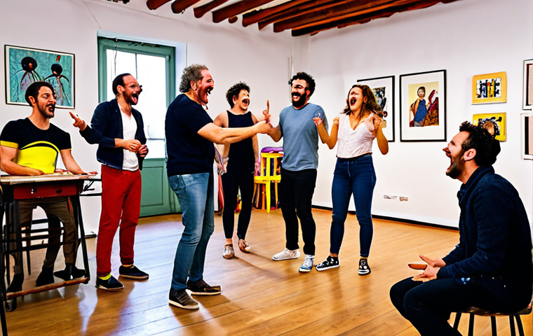 ** A vibrant, chaotic improvisation workshop in Madrid. Actors are laughing, gesturing wildly, and collaborating on a scene. The instructor, a charismatic figure, is pointing and shouting encouragement. The overall atmosphere is one of energy, risk-taking, and playful creativity. The setting is a slightly rundown but charming studio space with mismatched furniture.
**
