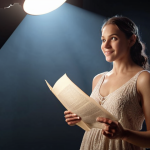 **A confident Storyteller accepting a certification, bathed in spotlight.** (Focus on achievement, credibility.)