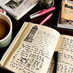 **

A cozy, cluttered desk with a worn notebook open. A steaming cup of coffee sits beside it. The notebook is filled with messy handwriting and sketches. Scattered around are magazine clippings, pens, and various trinkets. The overall feel is warm, inviting, and indicative of a creative writing space.

**