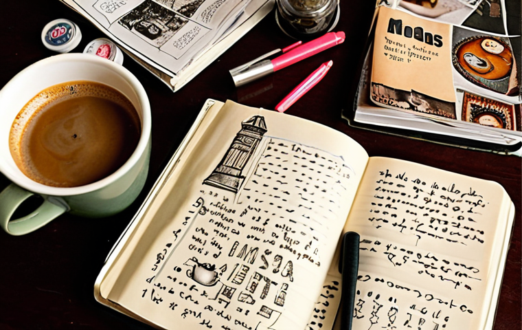 **
A cozy, cluttered desk with a worn notebook open. A steaming cup of coffee sits beside it. The notebook is filled with messy handwriting and sketches. Scattered around are magazine clippings, pens, and various trinkets. The overall feel is warm, inviting, and indicative of a creative writing space.
**