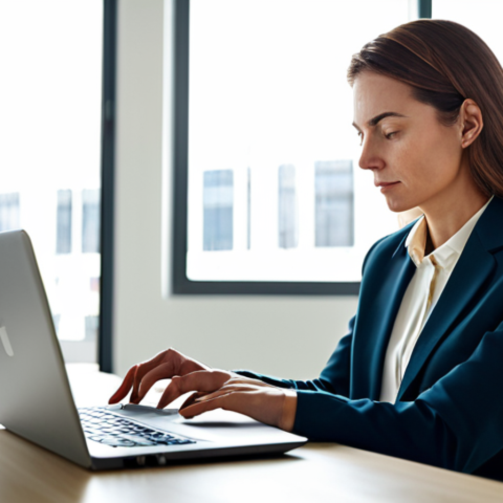 A professional woman, mid-30s, with a warm, thoughtful expression, fully clothed in a modest business blazer and blouse, sitting comfortably at a sleek, minimalist desk in a sunlit modern office. She is looking at a laptop screen, with one hand gently resting on the keyboard, conveying deep concentration and empathy. The background features blurred contemporary office decor, suggesting a productive and collaborative environment. Perfect anatomy, correct proportions, natural pose, well-formed hands, proper finger count, natural body proportions. Professional photography, high resolution, detailed, safe for work, appropriate content, fully clothed, professional, family-friendly.
