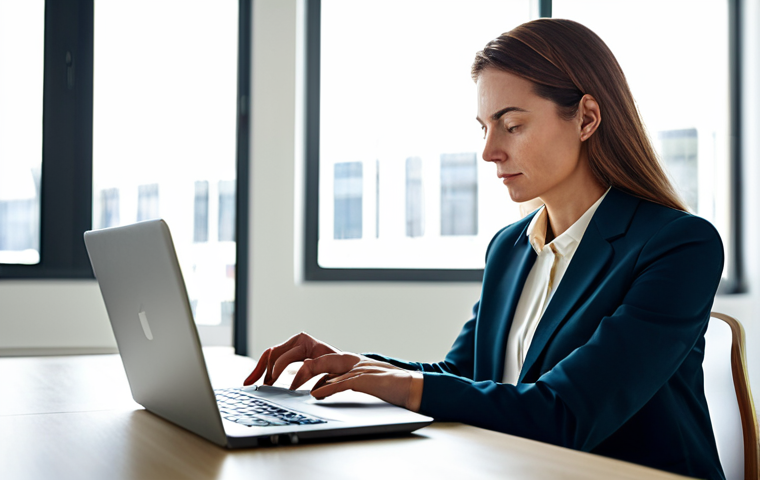 A professional woman, mid-30s, with a warm, thoughtful expression, fully clothed in a modest business blazer and blouse, sitting comfortably at a sleek, minimalist desk in a sunlit modern office. She is looking at a laptop screen, with one hand gently resting on the keyboard, conveying deep concentration and empathy. The background features blurred contemporary office decor, suggesting a productive and collaborative environment. Perfect anatomy, correct proportions, natural pose, well-formed hands, proper finger count, natural body proportions. Professional photography, high resolution, detailed, safe for work, appropriate content, fully clothed, professional, family-friendly.
