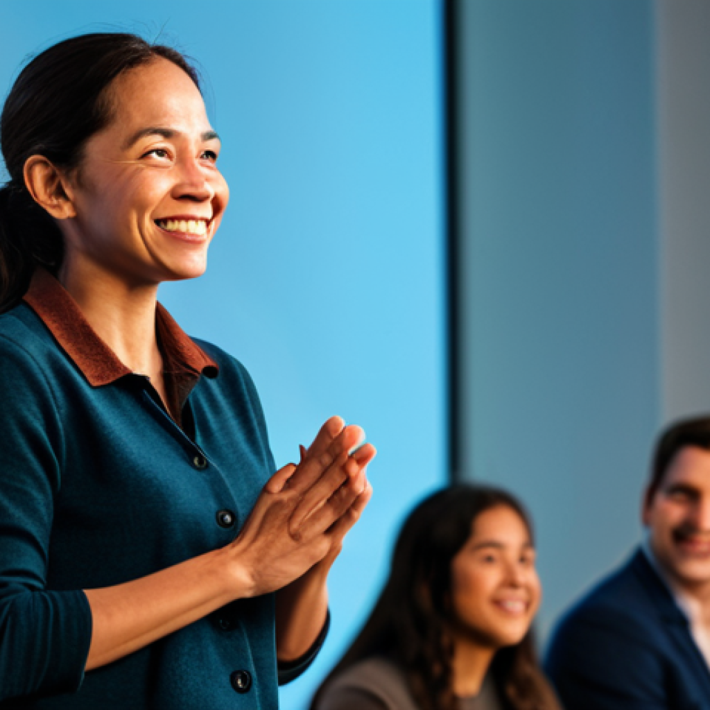 A professional female storyteller, with a warm, engaging expression, stands on a small, softly lit stage. She is in a modest business casual outfit, fully clothed, gesturing naturally with her hands as she speaks. A diverse, attentive audience is visible in the foreground and midground, smiling and leaning in, captivated by her narrative. The background is a blurred, cozy performance space with warm spotlights. The image emphasizes emotional connection and shared experience. Professional photography, cinematic lighting, high resolution, soft focus on background, perfect anatomy, correct proportions, natural pose, well-formed hands, proper finger count, natural body proportions, safe for work, appropriate content, fully clothed, professional, family-friendly.