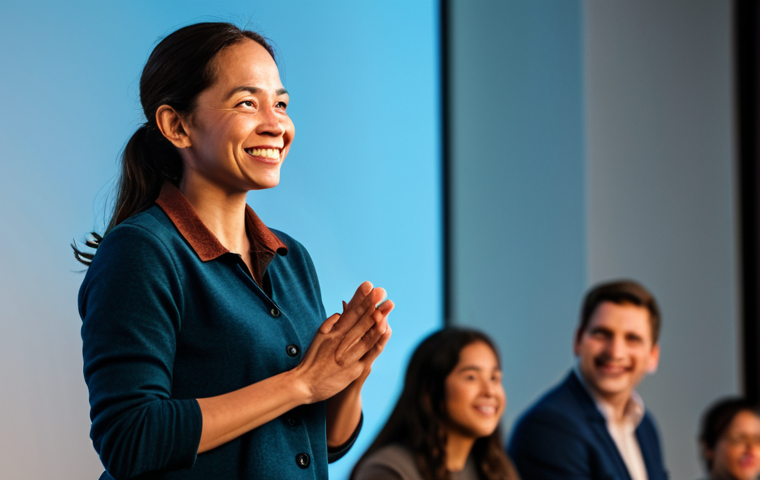 A professional female storyteller, with a warm, engaging expression, stands on a small, softly lit stage. She is in a modest business casual outfit, fully clothed, gesturing naturally with her hands as she speaks. A diverse, attentive audience is visible in the foreground and midground, smiling and leaning in, captivated by her narrative. The background is a blurred, cozy performance space with warm spotlights. The image emphasizes emotional connection and shared experience. Professional photography, cinematic lighting, high resolution, soft focus on background, perfect anatomy, correct proportions, natural pose, well-formed hands, proper finger count, natural body proportions, safe for work, appropriate content, fully clothed, professional, family-friendly.