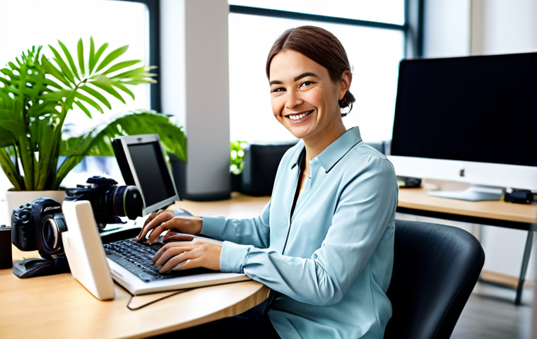 Content Creator in a Modern Office**

"A professional content creator, fully clothed in stylish yet modest attire, sits at a modern desk surrounded by camera equipment and editing software. She is smiling warmly, engaged in editing a video on her computer. The background is a brightly lit, modern office space with plants and comfortable furniture. Perfect anatomy, correct proportions, natural pose, well-formed hands, proper finger count, natural body proportions, professional photography, high quality, safe for work, appropriate content, family-friendly."

**