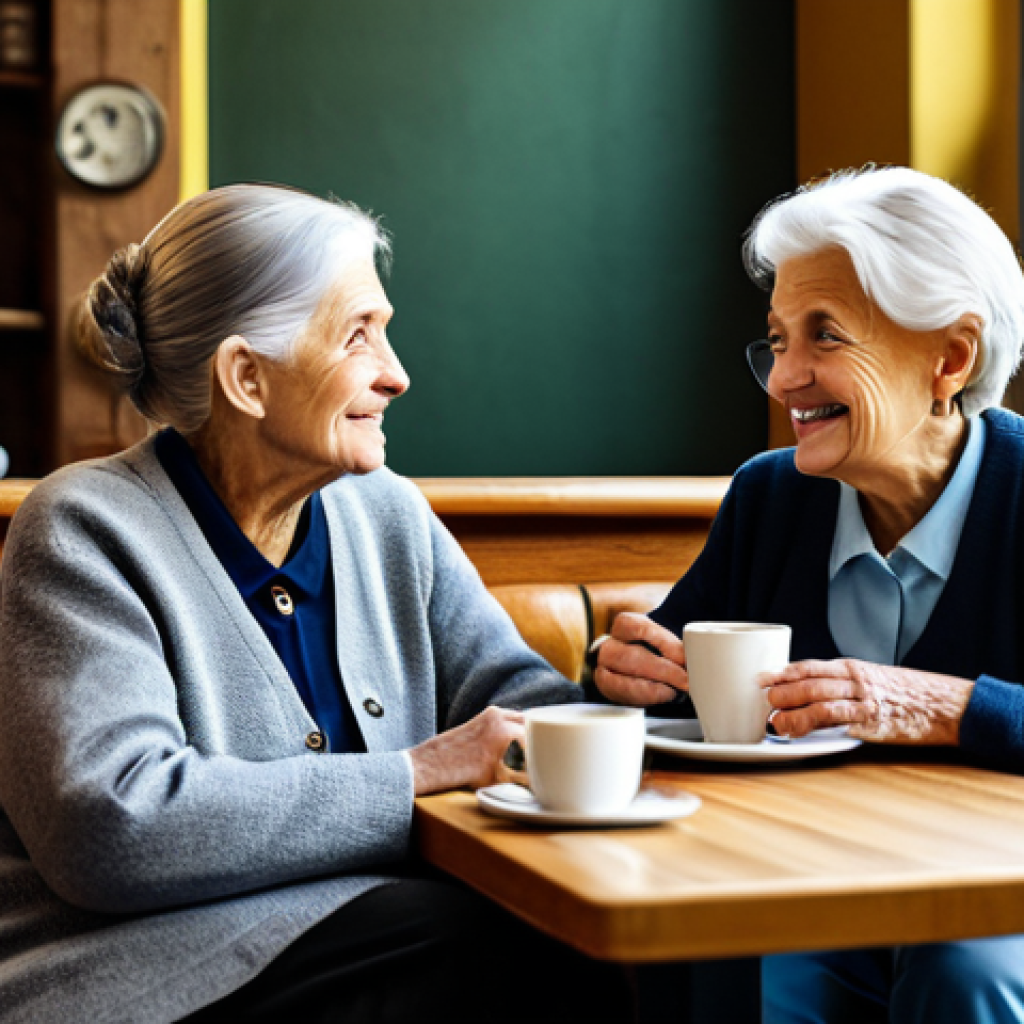 **

A cozy café scene, a senior woman tells a story to her friend over coffee, fully clothed in modest attire, safe for work, appropriate content, perfect anatomy, natural pose, professional photography, family-friendly.

**