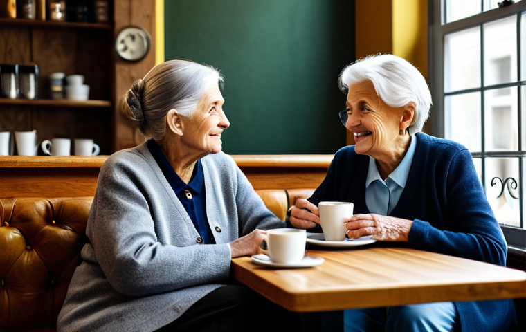**

A cozy café scene, a senior woman tells a story to her friend over coffee, fully clothed in modest attire, safe for work, appropriate content, perfect anatomy, natural pose, professional photography, family-friendly.

**