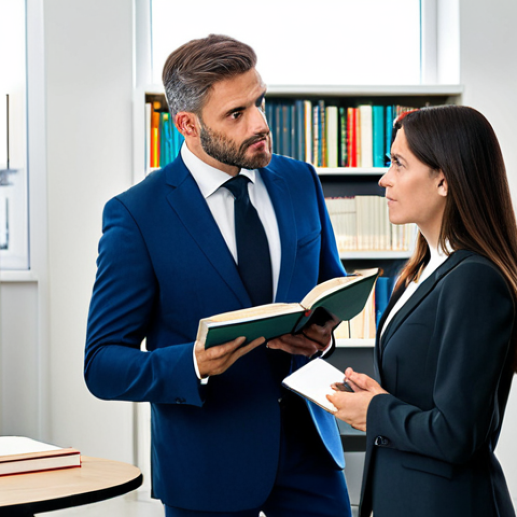 Empatía en Acción**

"Una mediadora profesional, vestida con un traje pantalón formal y *chic*, escuchando atentamente a dos clientes en un despacho moderno y luminoso. Expresión de calma y comprensión en su rostro. Fondo con estanterías llenas de libros y diplomas. Luz natural suave. Totalmente vestida, atuendo apropiado, seguro para el trabajo, anatomía perfecta, proporciones naturales, fotografía profesional, alta calidad. *Ambiente familiar.*"

**