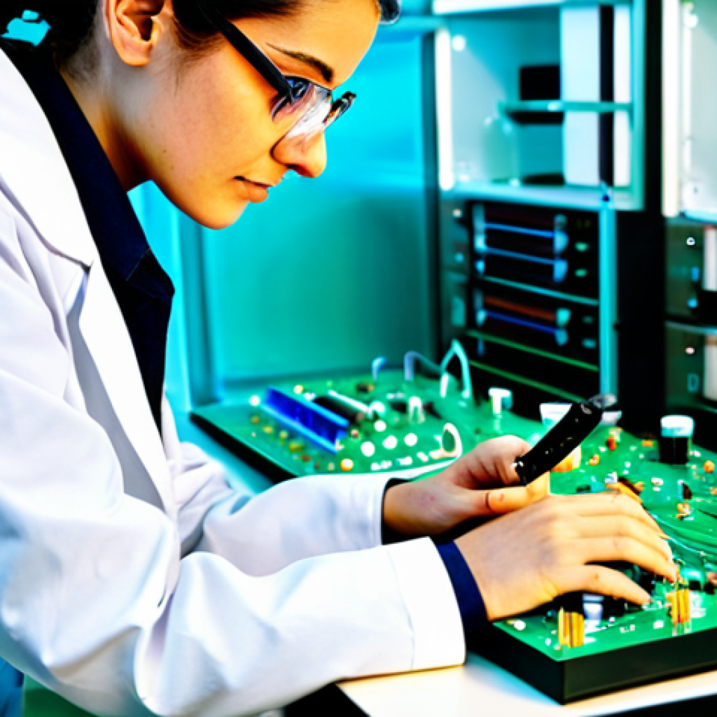 **

"A determined female engineer, fully clothed in a professional lab coat and safety glasses, working on a complex circuit board in a brightly lit research laboratory, surrounded by advanced equipment, appropriate attire, safe for work, perfect anatomy, correct proportions, well-formed hands, proper finger count, natural pose, professional, high quality, family-friendly."

**