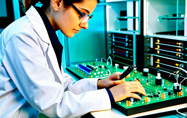 **

"A determined female engineer, fully clothed in a professional lab coat and safety glasses, working on a complex circuit board in a brightly lit research laboratory, surrounded by advanced equipment, appropriate attire, safe for work, perfect anatomy, correct proportions, well-formed hands, proper finger count, natural pose, professional, high quality, family-friendly."

**