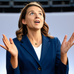 "Conquering the Stage"**

Prompt: A confident public speaker, fully clothed in professional attire, giving a presentation on a stage with bright lights. She is gesturing dynamically, her face expressing passion and engagement. The background shows a blurred audience. Perfect anatomy, correct proportions, natural pose, well-formed hands, proper finger count, professional photography, high quality, safe for work, appropriate content, fully clothed, professional.

**