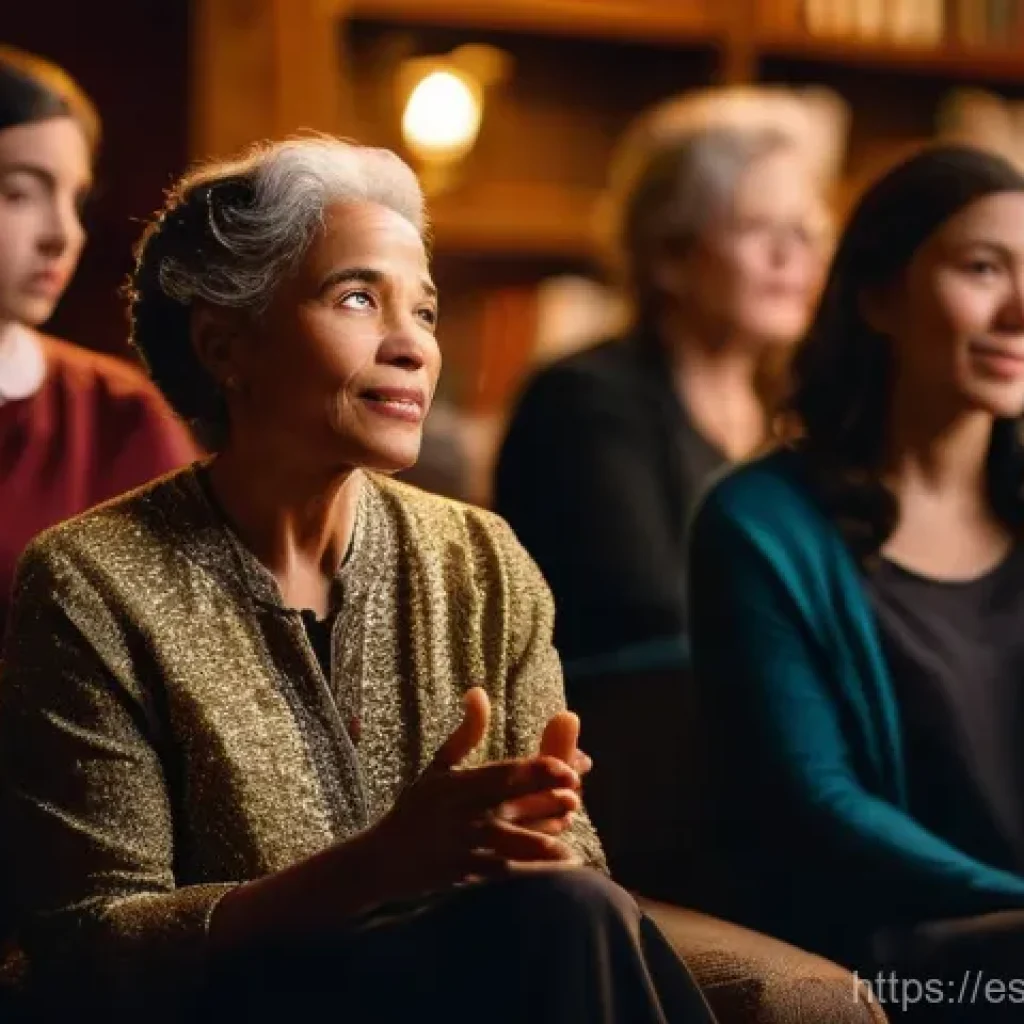 스토리텔러 실기 시험의 핵심 주제 - **A charismatic female storyteller, in her late 30s, stands on a warm, softly lit stage.** She is el...