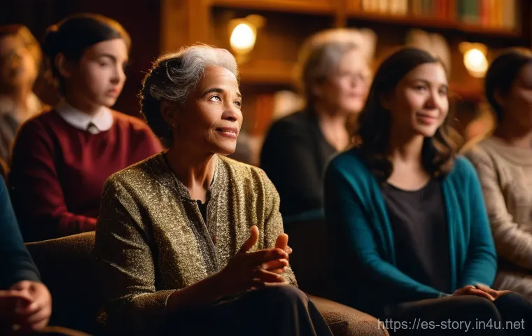 스토리텔러 실기 시험의 핵심 주제 - **A charismatic female storyteller, in her late 30s, stands on a warm, softly lit stage.** She is el...