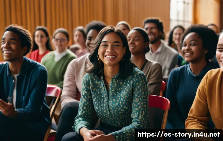 스토리텔러 실기 시험 응시 후기 - **Prompt:** A diverse group of individuals, including adults and teenagers, are gathered in a warm, ...