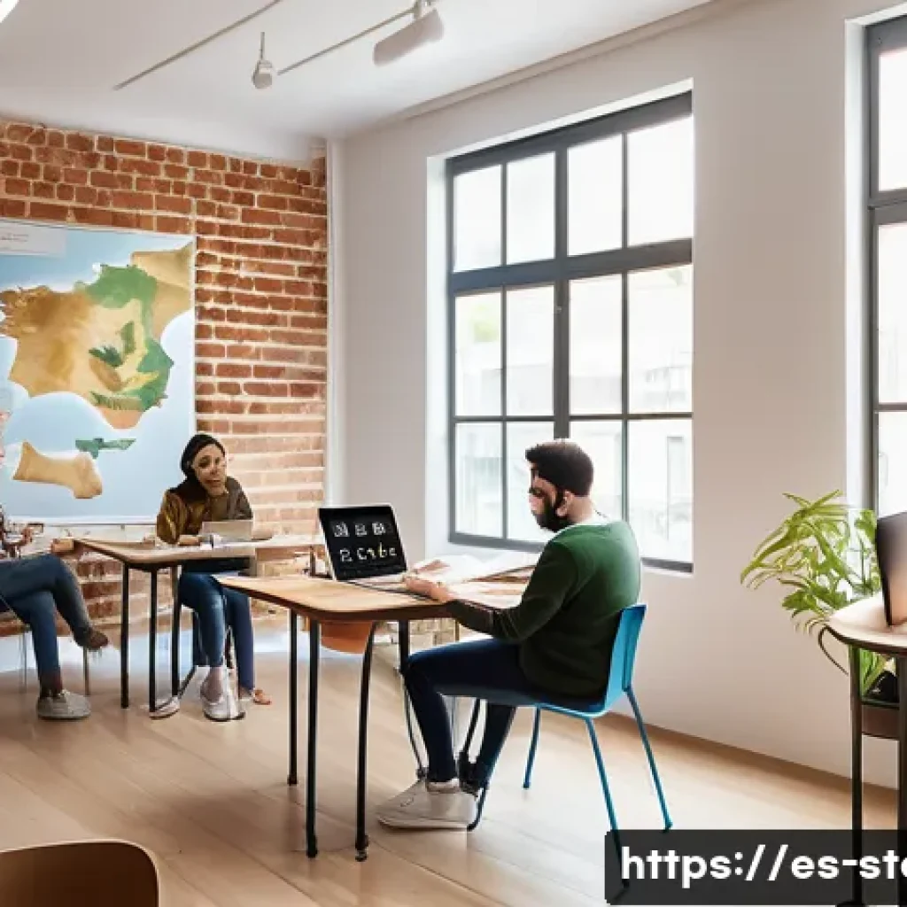 스토리텔러 온라인 교육 플랫폼 추천 - A modern digital storytelling classroom scene set in a bright, airy co-working space in Spain, featu...