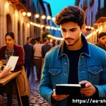 Home 22 스토리텔러와 이야기 구조의 필수 요소 - A richly detailed urban scene at dusk, featuring a diverse group of characters interacting in a bust...