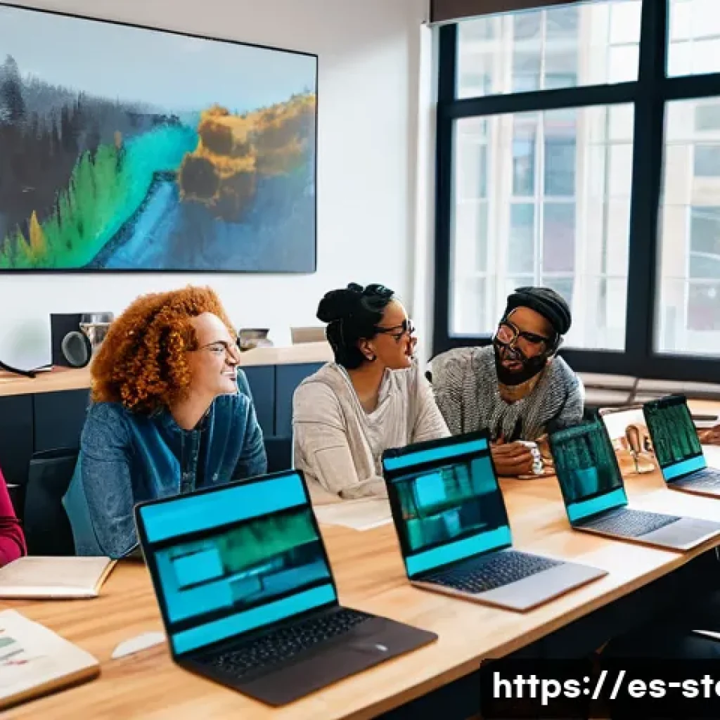 스토리텔러 직업을 선택한 이유 - A diverse group of storytellers collaborating in a creative studio filled with cameras, microphones,...