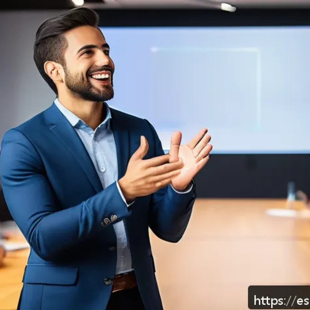 스토리텔러가 준비하는 프리젠테이션 팁 - A confident young Hispanic male speaker in business casual attire, standing on a stage in front of a...