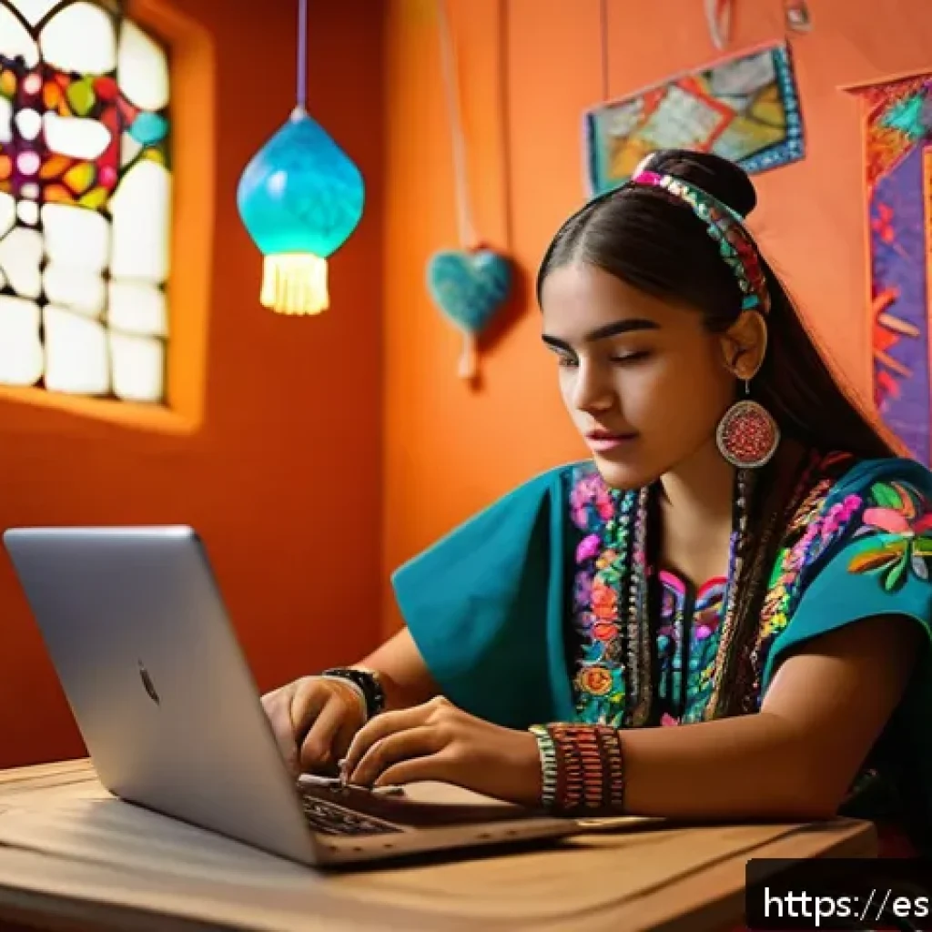 스토리텔러가 주목해야 할 글로벌 이야기 사례 - A vibrant digital storytelling scene featuring a young Hispanic woman wearing traditional Mexican em...