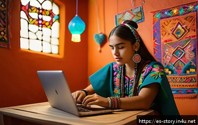 스토리텔러가 주목해야 할 글로벌 이야기 사례 - A vibrant digital storytelling scene featuring a young Hispanic woman wearing traditional Mexican em...