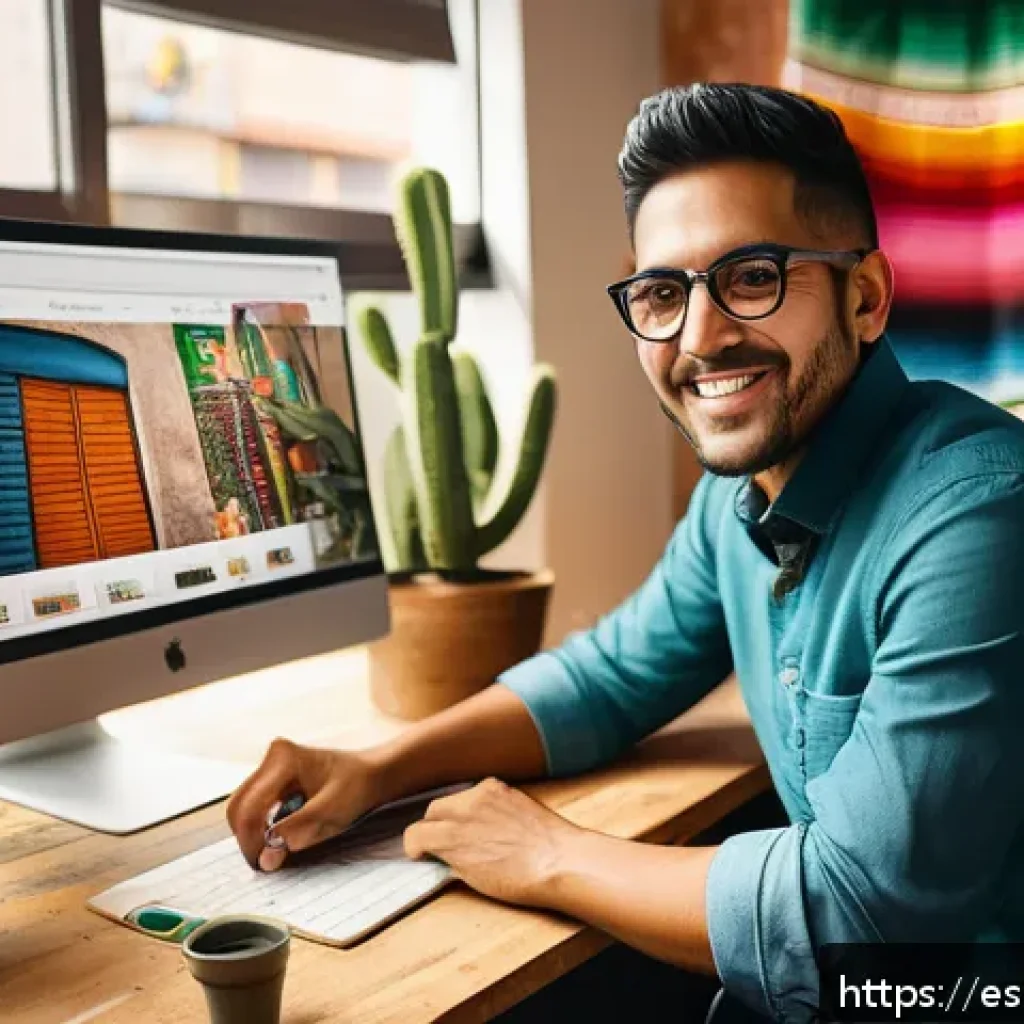 스토리텔러로서의 글로벌 진출 전략 - A vibrant digital storytelling workspace featuring a Hispanic content creator in their 30s, sitting ...