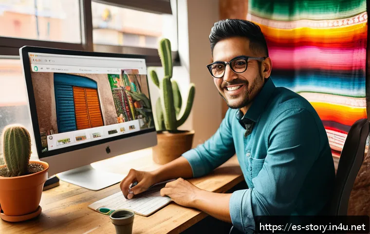 스토리텔러로서의 글로벌 진출 전략 - A vibrant digital storytelling workspace featuring a Hispanic content creator in their 30s, sitting ...
