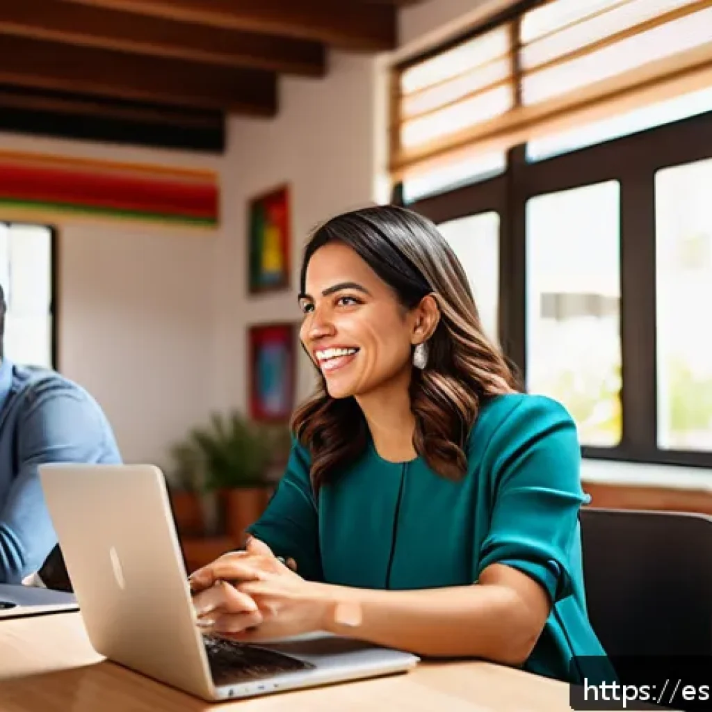 스토리텔러와 멘토링 프로그램 - A warm and inviting professional setting showing a confident Hispanic woman in business casual attir...