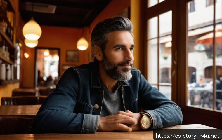 스토리텔러 직무에서의 창의적 사고 적용법 - A warm, intimate scene of a storyteller sitting in a cozy Spanish café, wearing casual modern clothi...