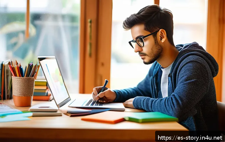 스토리텔러 필기 시험 합격률 분석 - A focused young adult sitting at a cozy wooden desk in a bright, modern study room filled with books...