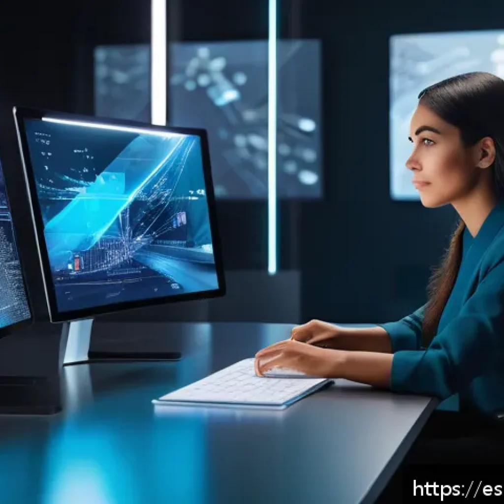 스토리텔러 직무와 관련된 최신 기술 도입 사례 - A futuristic digital storyteller workspace featuring a young Hispanic woman seated at a sleek, moder...