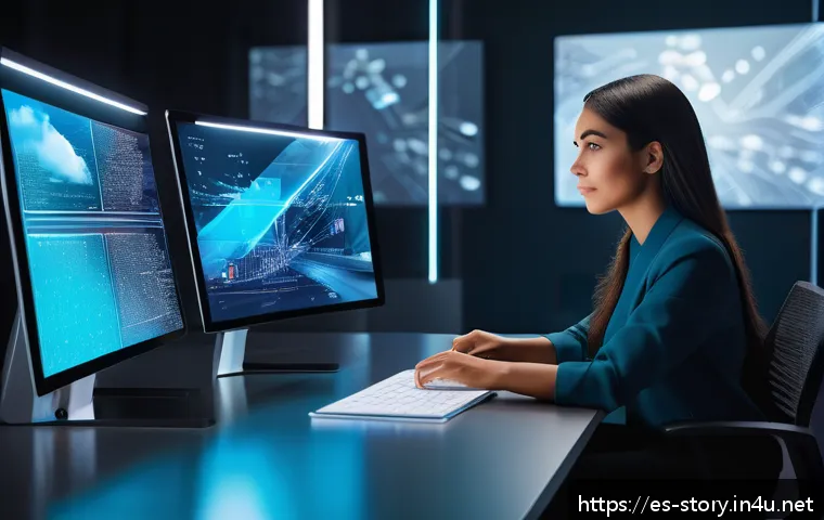 스토리텔러 직무와 관련된 최신 기술 도입 사례 - A futuristic digital storyteller workspace featuring a young Hispanic woman seated at a sleek, moder...