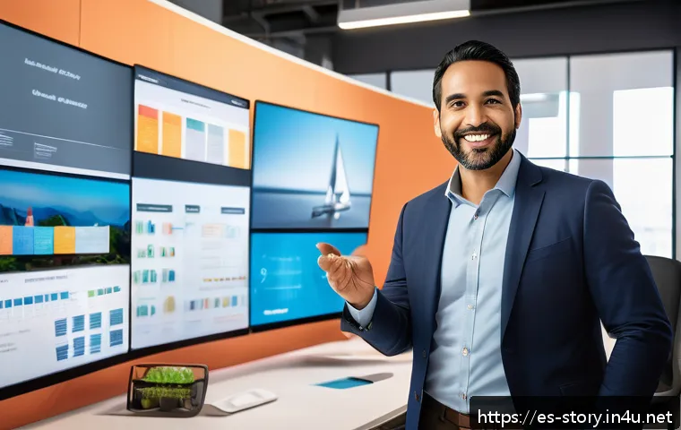 스토리텔러 자격증의 글로벌 인증 가능성 분석 - A professional Hispanic storyteller in a modern creative workspace, surrounded by digital screens di...