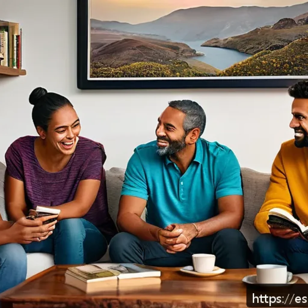 스토리텔러 직업을 선택한 이유에 대한 이야기 - A warm, inviting scene of a diverse group of people sitting in a cozy living room, sharing stories w...