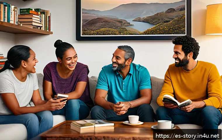 스토리텔러 직업을 선택한 이유에 대한 이야기 - A warm, inviting scene of a diverse group of people sitting in a cozy living room, sharing stories w...