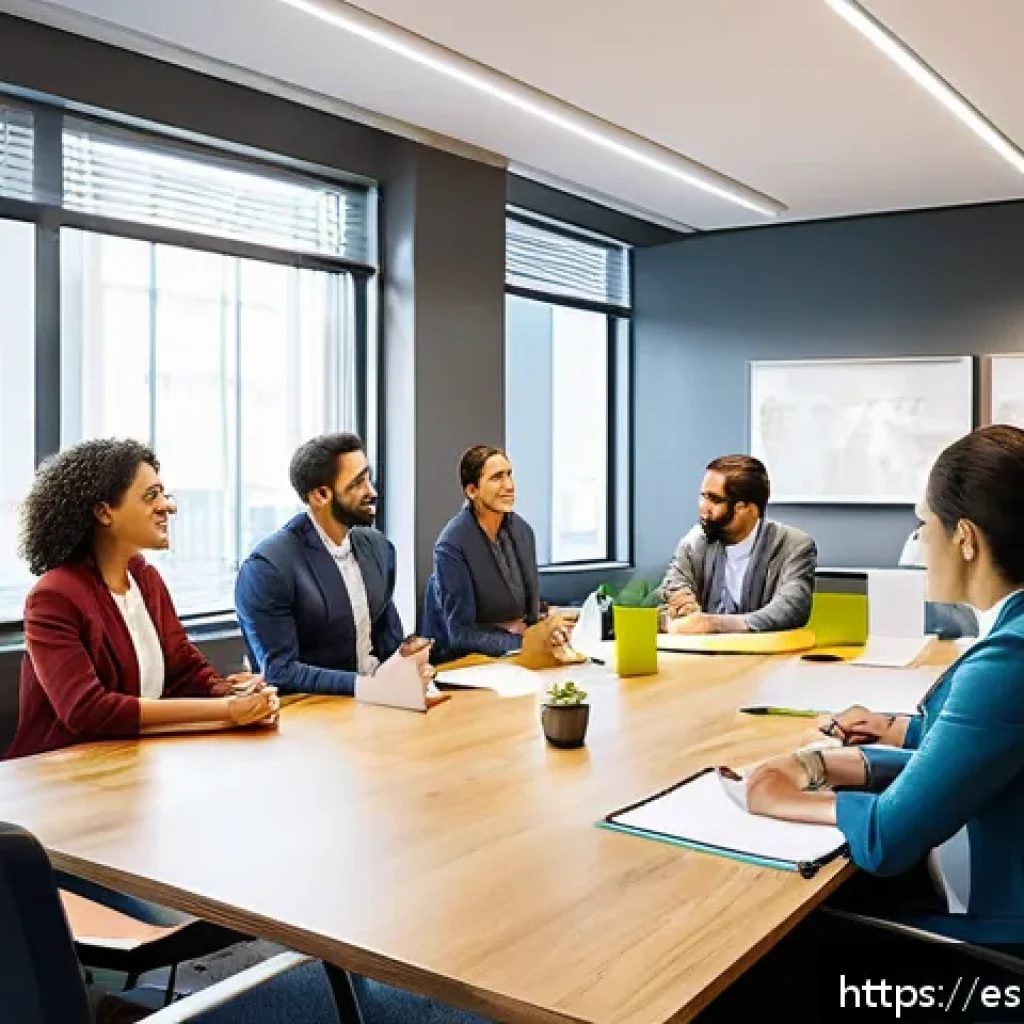 스토리텔러로서 리더십 발휘하기 - A diverse professional team engaged in a lively office meeting, with a confident female leader shari...