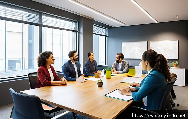 스토리텔러로서 리더십 발휘하기 - A diverse professional team engaged in a lively office meeting, with a confident female leader shari...