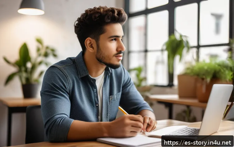 스토리텔러의 스토리 제작 과정 - A warm, authentic scene showing a young Hispanic entrepreneur in casual business attire speaking pas...