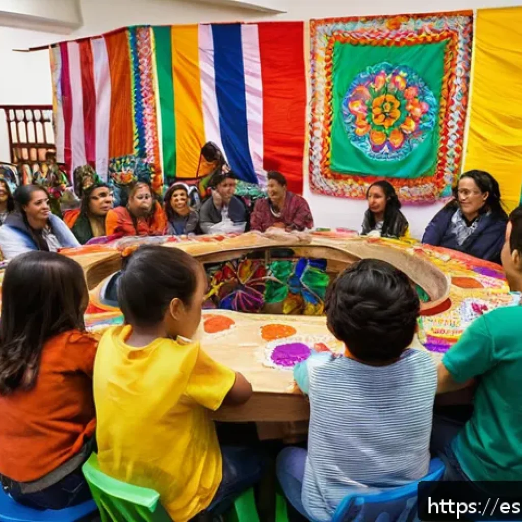 스토리텔러의 이야기가 사회에 미치는 영향 - A vibrant scene depicting a diverse group of people gathered in a lively community center in Mexico ...