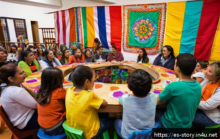 스토리텔러의 이야기가 사회에 미치는 영향 - A vibrant scene depicting a diverse group of people gathered in a lively community center in Mexico ...
