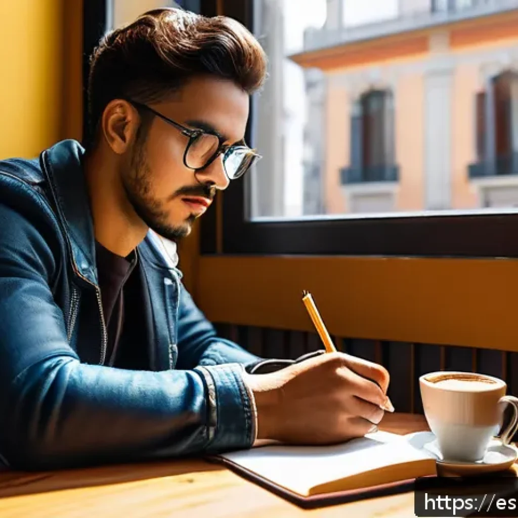 스토리텔러로서의 자기 브랜드 만들기 - A young Hispanic storyteller sitting at a cozy café table in Madrid, wearing casual modern clothing ...