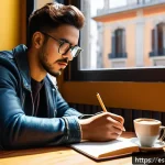 스토리텔러로서의 자기 브랜드 만들기 - A young Hispanic storyteller sitting at a cozy café table in Madrid, wearing casual modern clothing ...