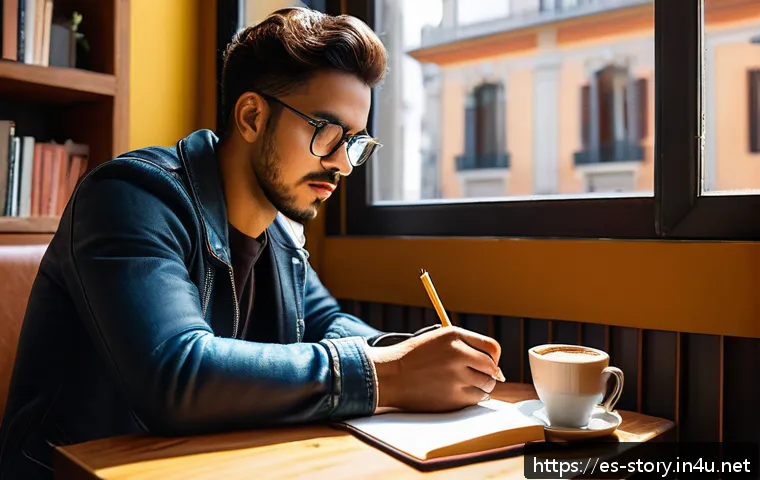 스토리텔러로서의 자기 브랜드 만들기 - A young Hispanic storyteller sitting at a cozy café table in Madrid, wearing casual modern clothing ...