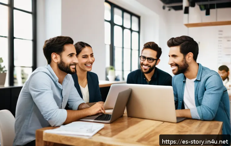 스토리텔러 실무에서의 창의적 해결 방법 - A professional, diverse group of young Spanish entrepreneurs in a modern co-working space, engaged i...