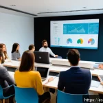 스토리텔러 실무에서 스토리 큐레이션 활용 - A professional storytelling workshop scene set in a modern conference room in Madrid, Spain, showing...