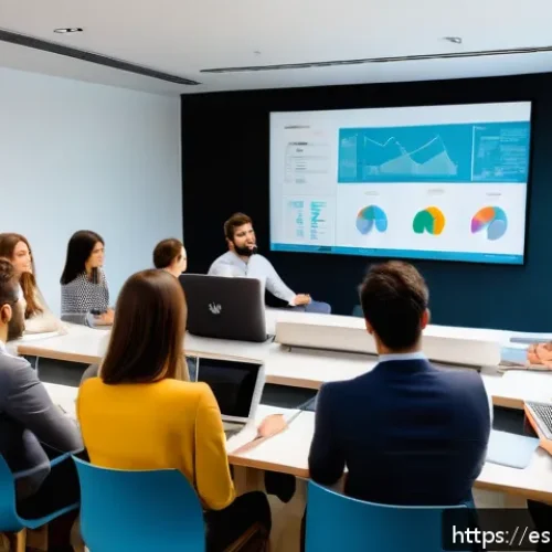 스토리텔러 실무에서 스토리 큐레이션 활용 - A professional storytelling workshop scene set in a modern conference room in Madrid, Spain, showing...