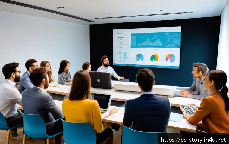 스토리텔러 실무에서 스토리 큐레이션 활용 - A professional storytelling workshop scene set in a modern conference room in Madrid, Spain, showing...