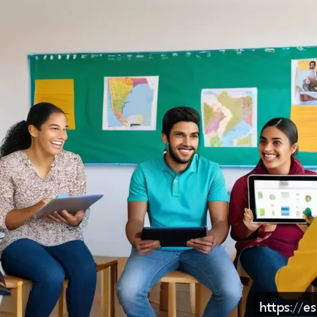 스토리텔러 실기 시험 합격을 위한 준비 팁 - A vibrant classroom scene in a modern Latin American school, featuring a diverse group of young adul...