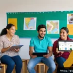 스토리텔러 실기 시험 합격을 위한 준비 팁 - A vibrant classroom scene in a modern Latin American school, featuring a diverse group of young adul...