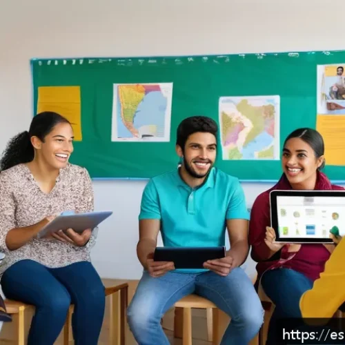 스토리텔러 실기 시험 합격을 위한 준비 팁 - A vibrant classroom scene in a modern Latin American school, featuring a diverse group of young adul...